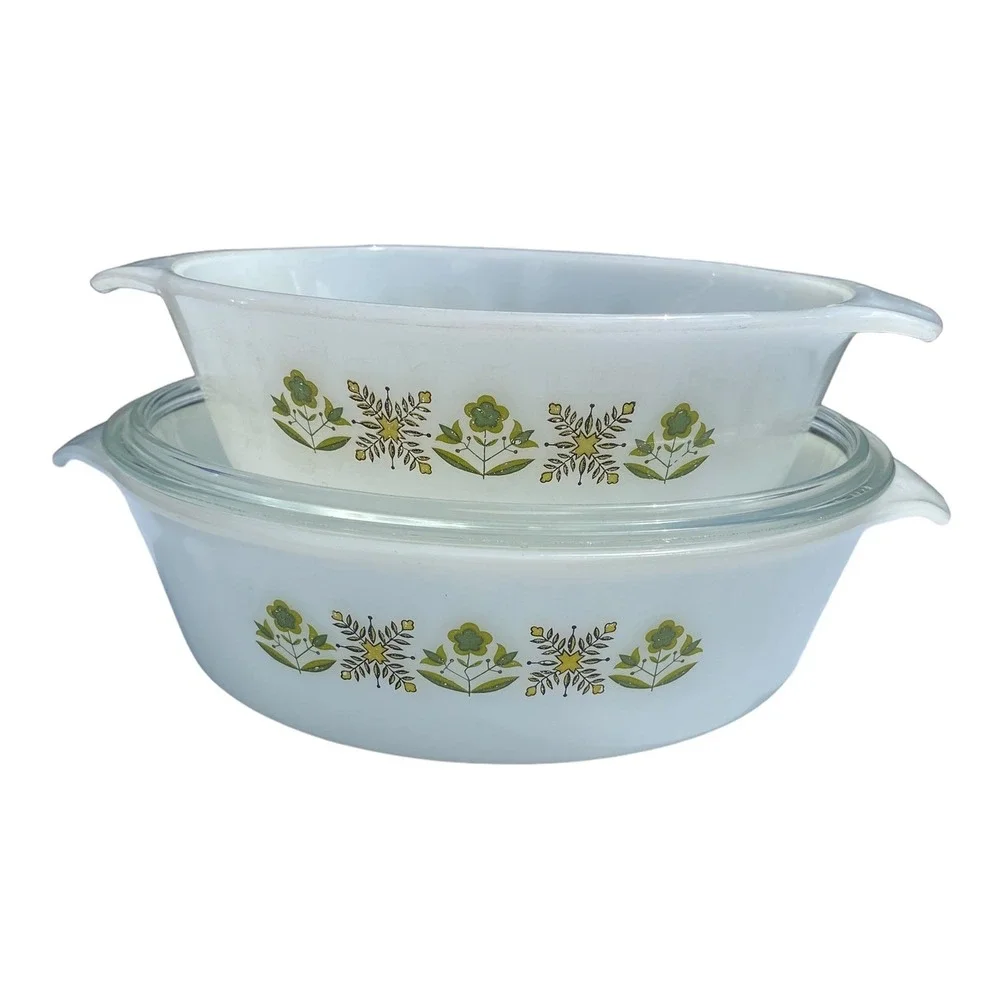Anchor Hocking Fire King Milk Glass Casserole Dish Set Green Floral MCM Set of 2
